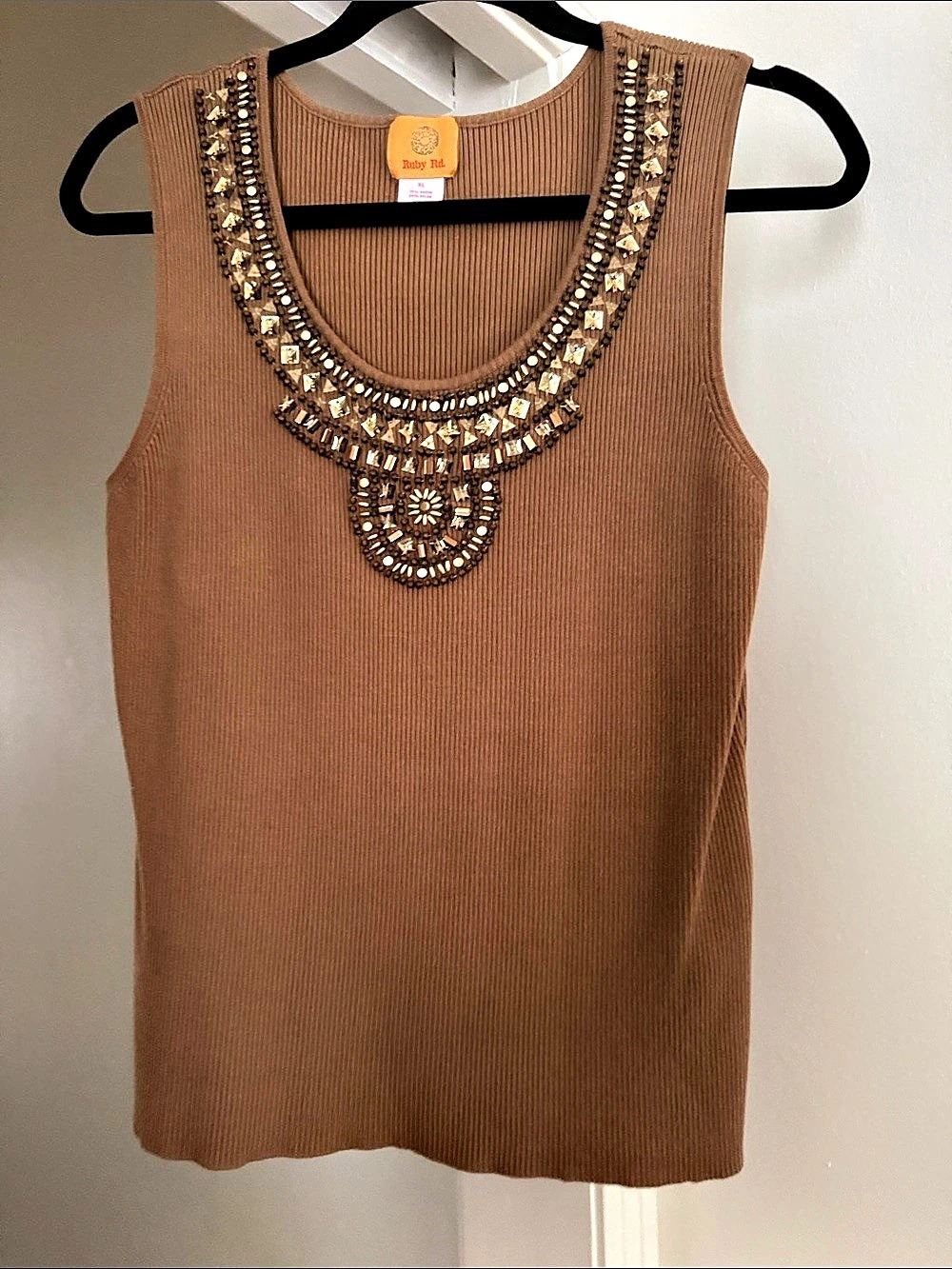 Ruby Rd. Embellished Ribbed Tank Brown XL